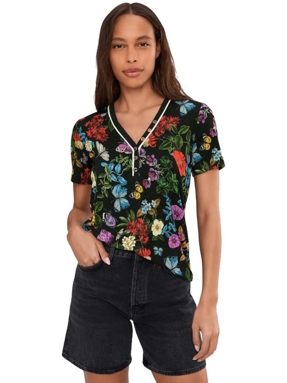 Johnny Was Janie Kahlani Short Henley Tee Butterfly Floral Shirt Black Top NEW